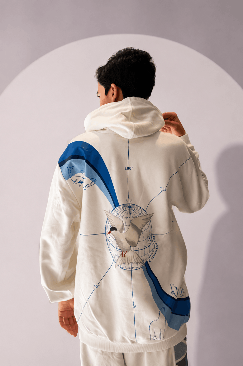 Close-up detail of Across the Globe Hoodie showing globe artwork, arctic tern, coordinates and polar landscapes