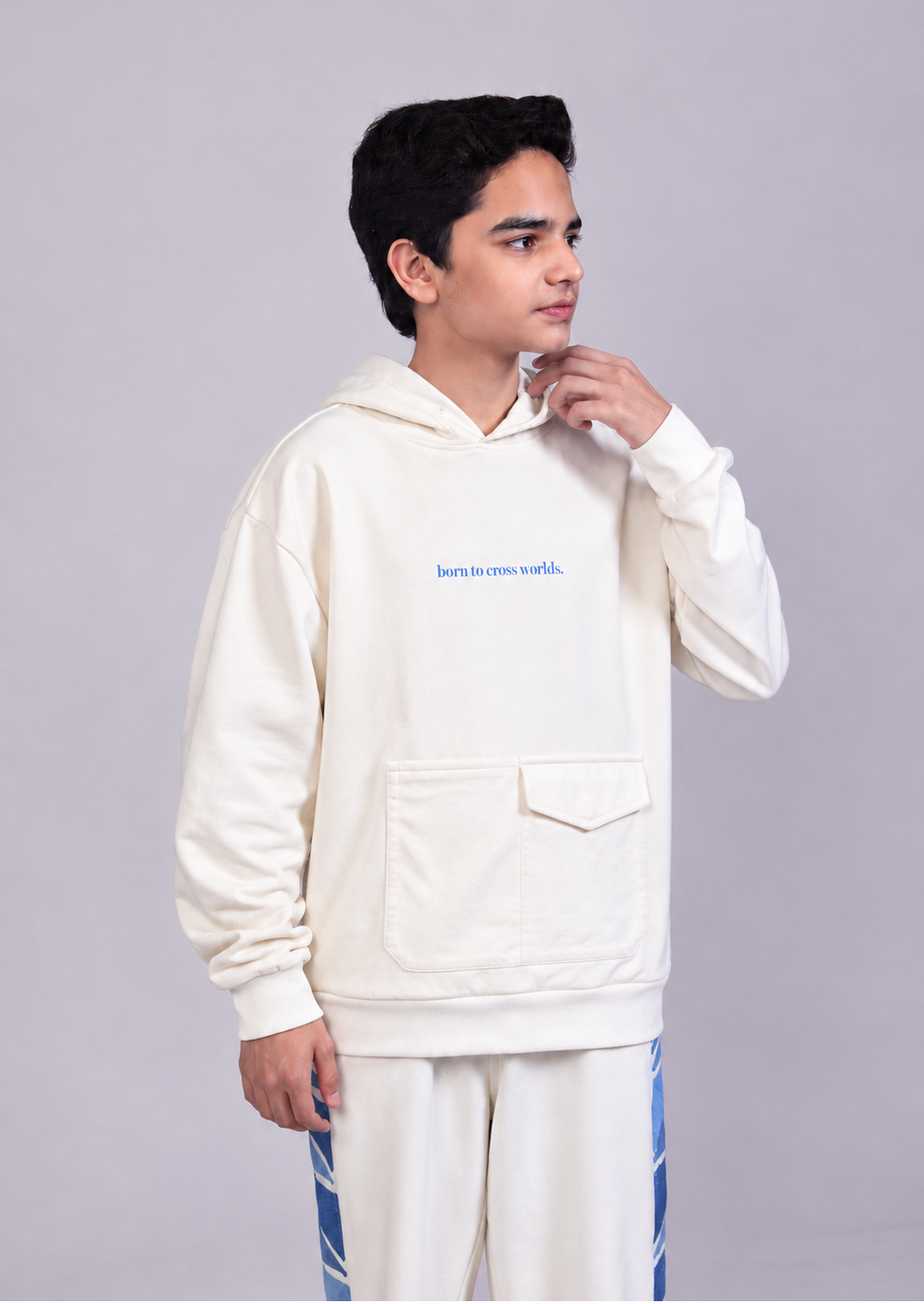 Across the Globe Hoodie in a 70% bamboo / 30% cotton fleece lifestyle/editorial view