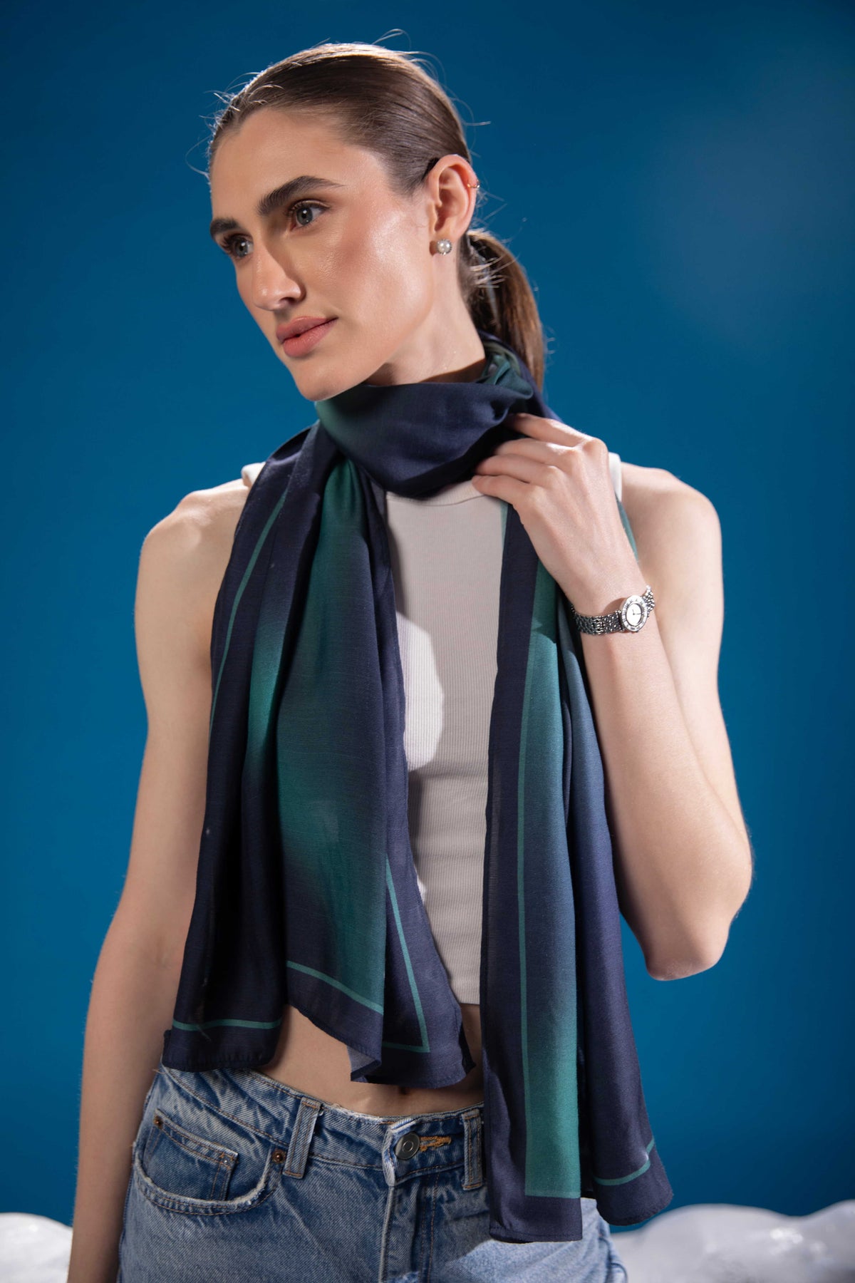 Aurora Glow Scarf in bamboo satin with Aurora Borealis inspired artwork