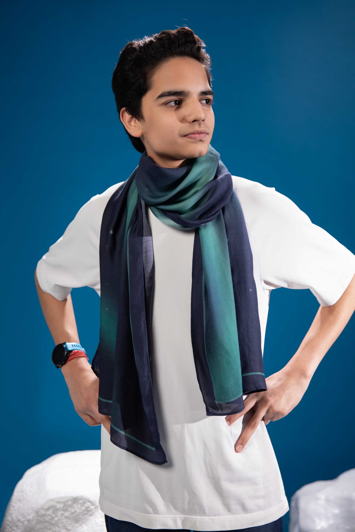 Aurora Glow Scarf with luminous polar sky and glacier artwork