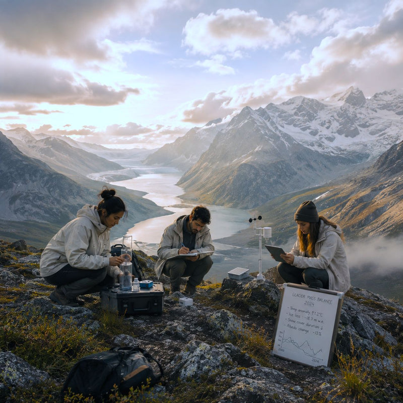 Scientists conducting glacier research and measuring changes in a mountain landscape