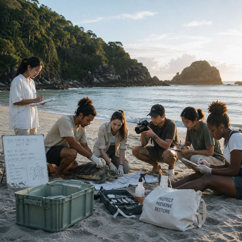 Community members documenting and supporting sea turtle conservation on a beach
