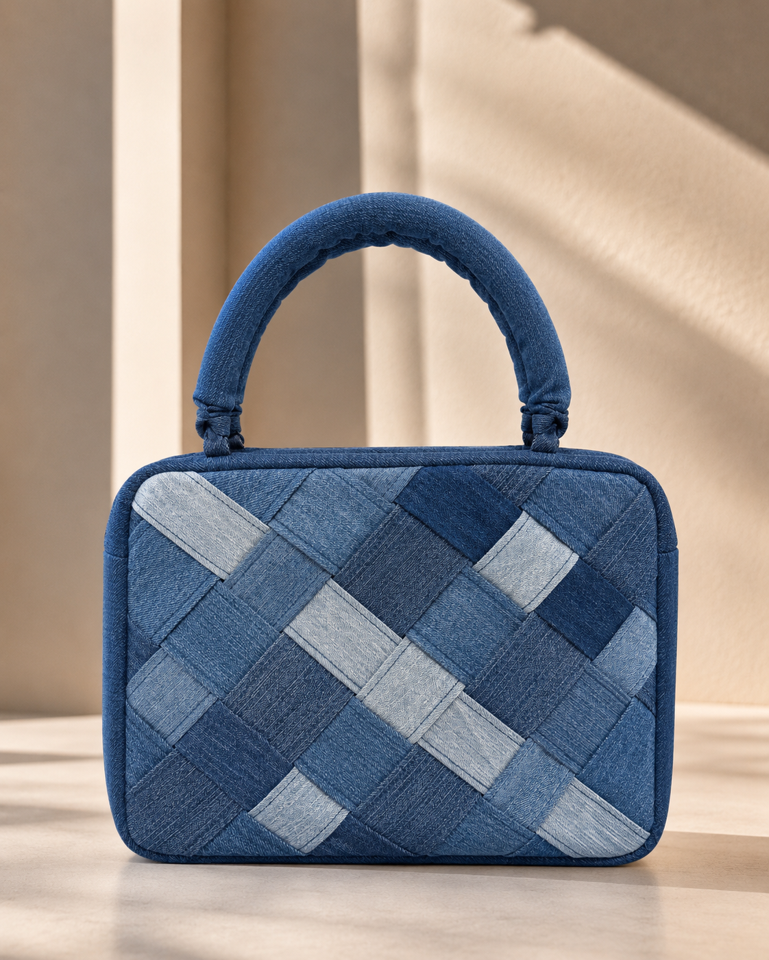 Close-up of Confluence Handbag showing intricate woven repurposed denim texture