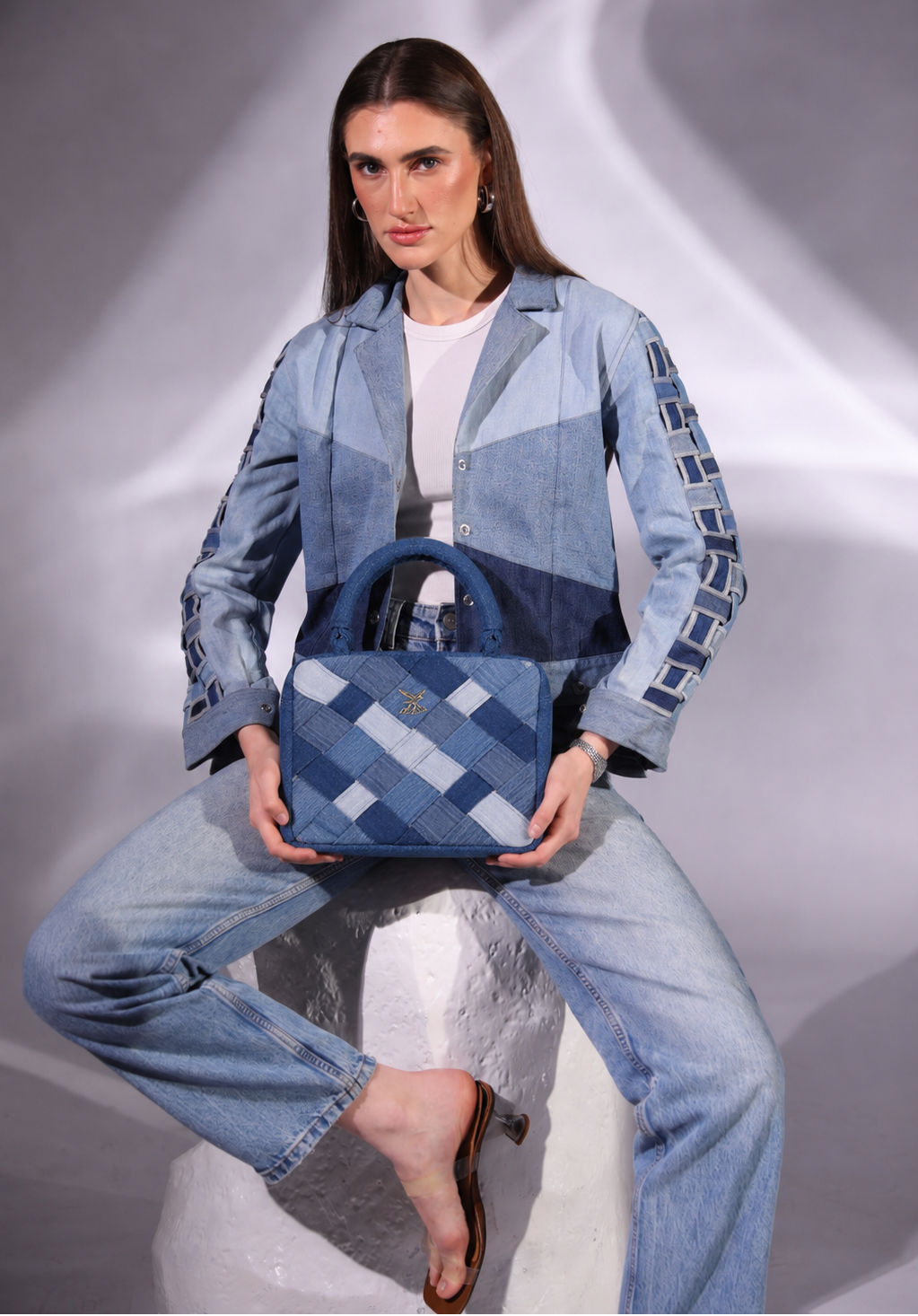 Confluence Handbag in repurposed denim with woven blue denim construction