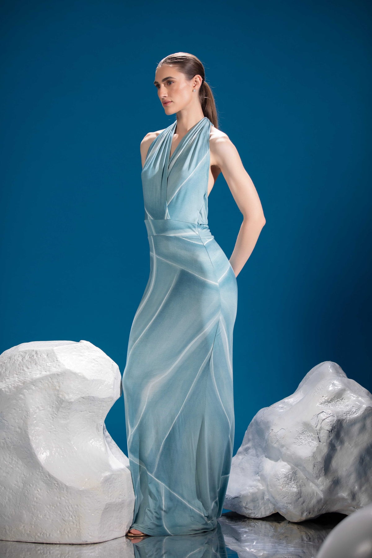 Side view of Cracked Ice Dress showing its sculptural silhouette