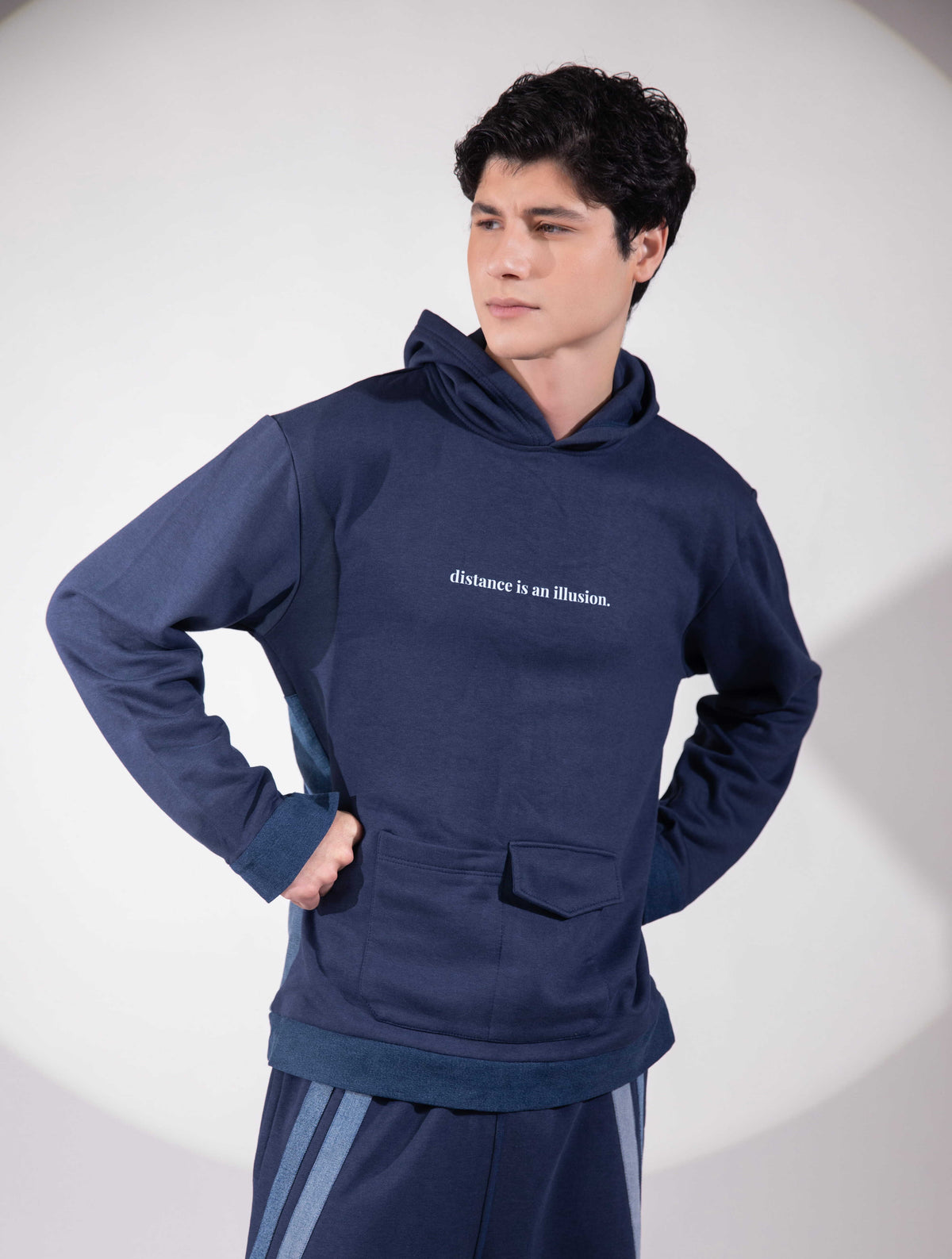 Distance → Illusion Hoodie in reconstructed blue denim with polar artwork