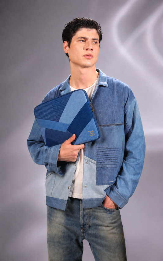 Drake Passage Laptop Sleeve showing contrasting indigo and glacial blue denim panels