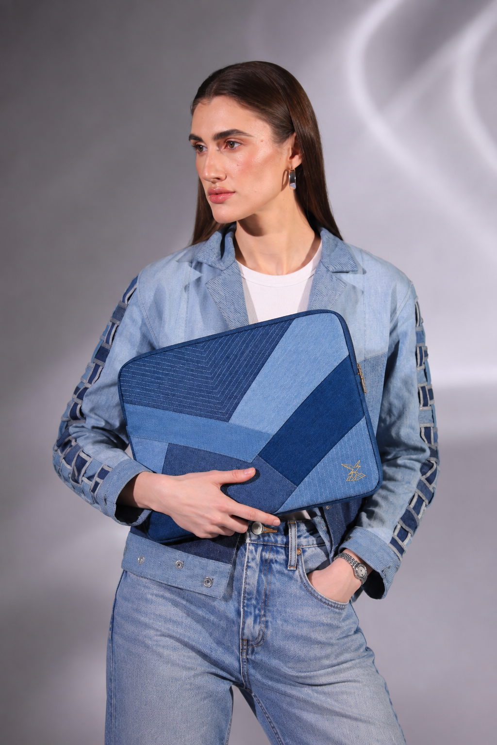 Drake Passage Laptop Sleeve in repurposed denim with geometric blue panelling