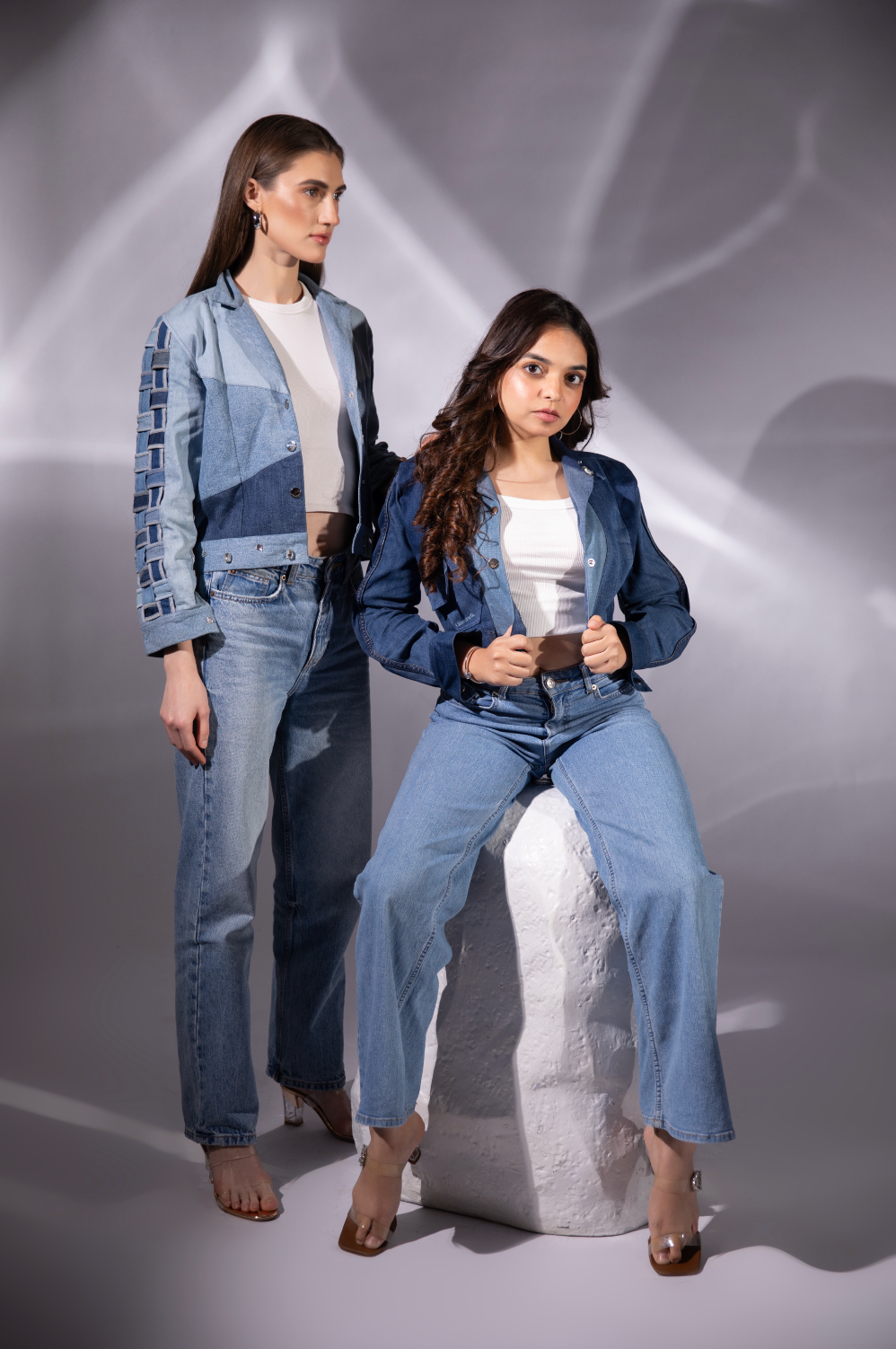 Drift Weave Denim Jacket showing contrasting repurposed denim panels