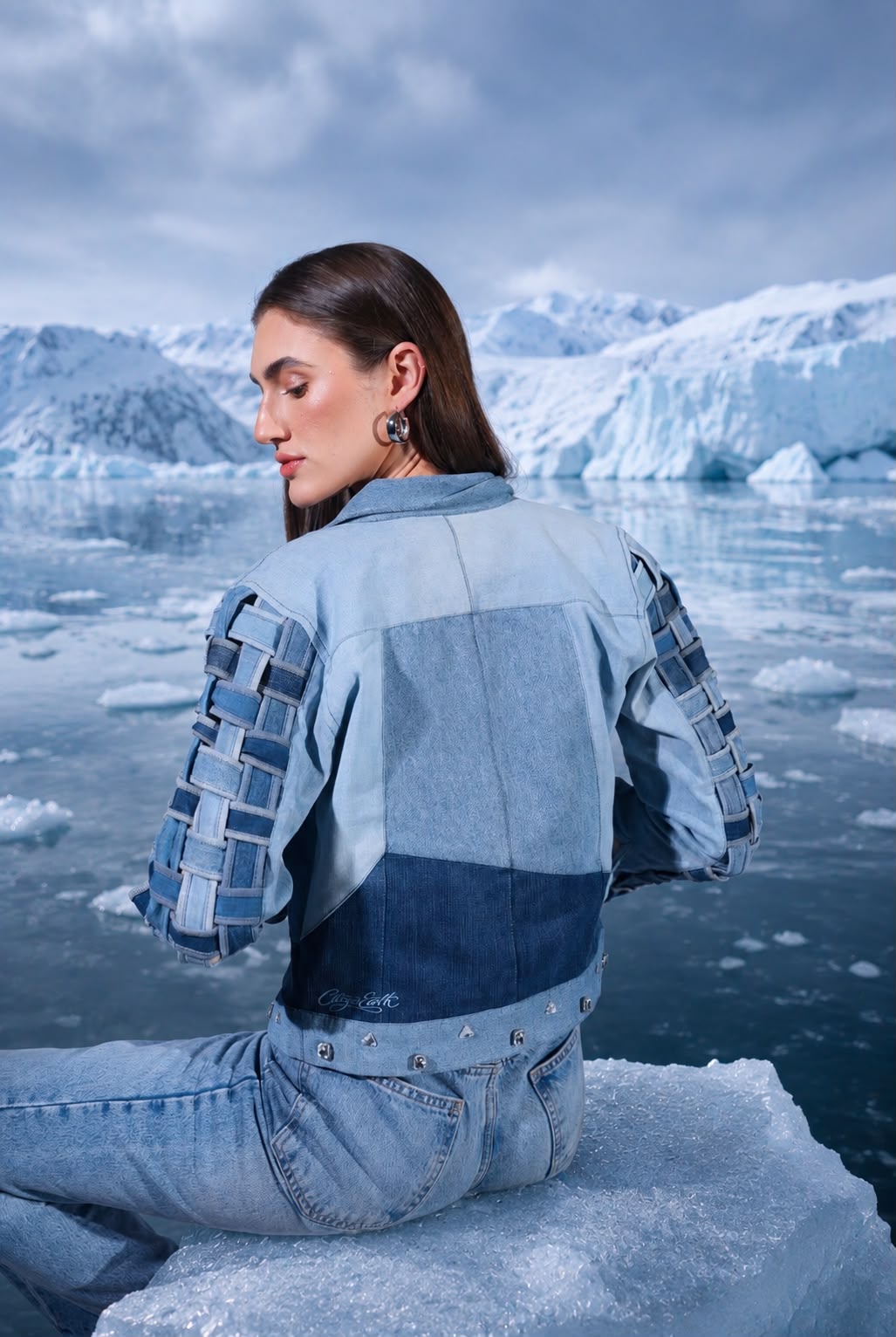 Drift Weave Denim Jacket with woven denim sleeves and geometric panel construction