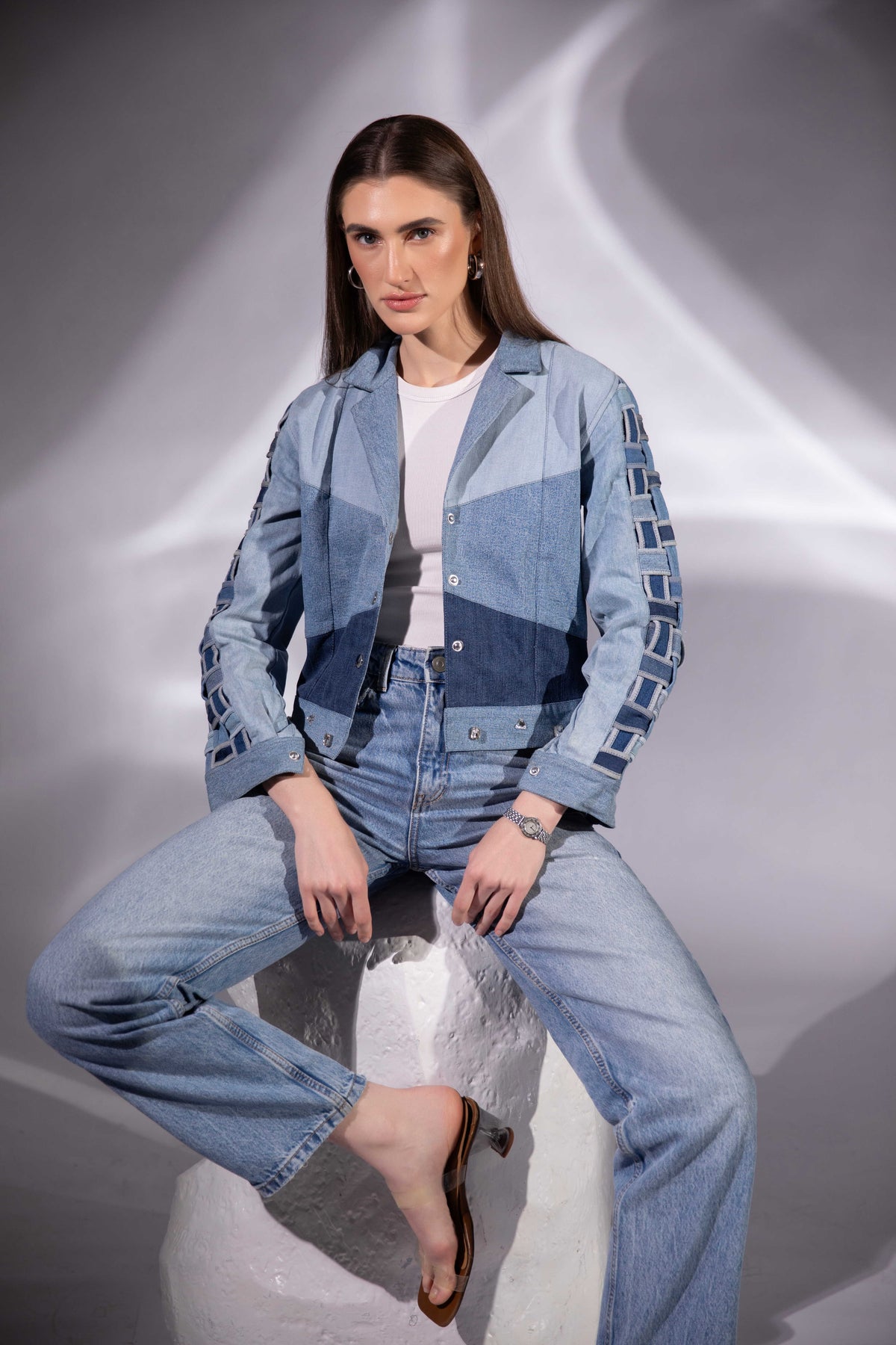 Drift Weave Denim Jacket styled in 100% repurposed denim