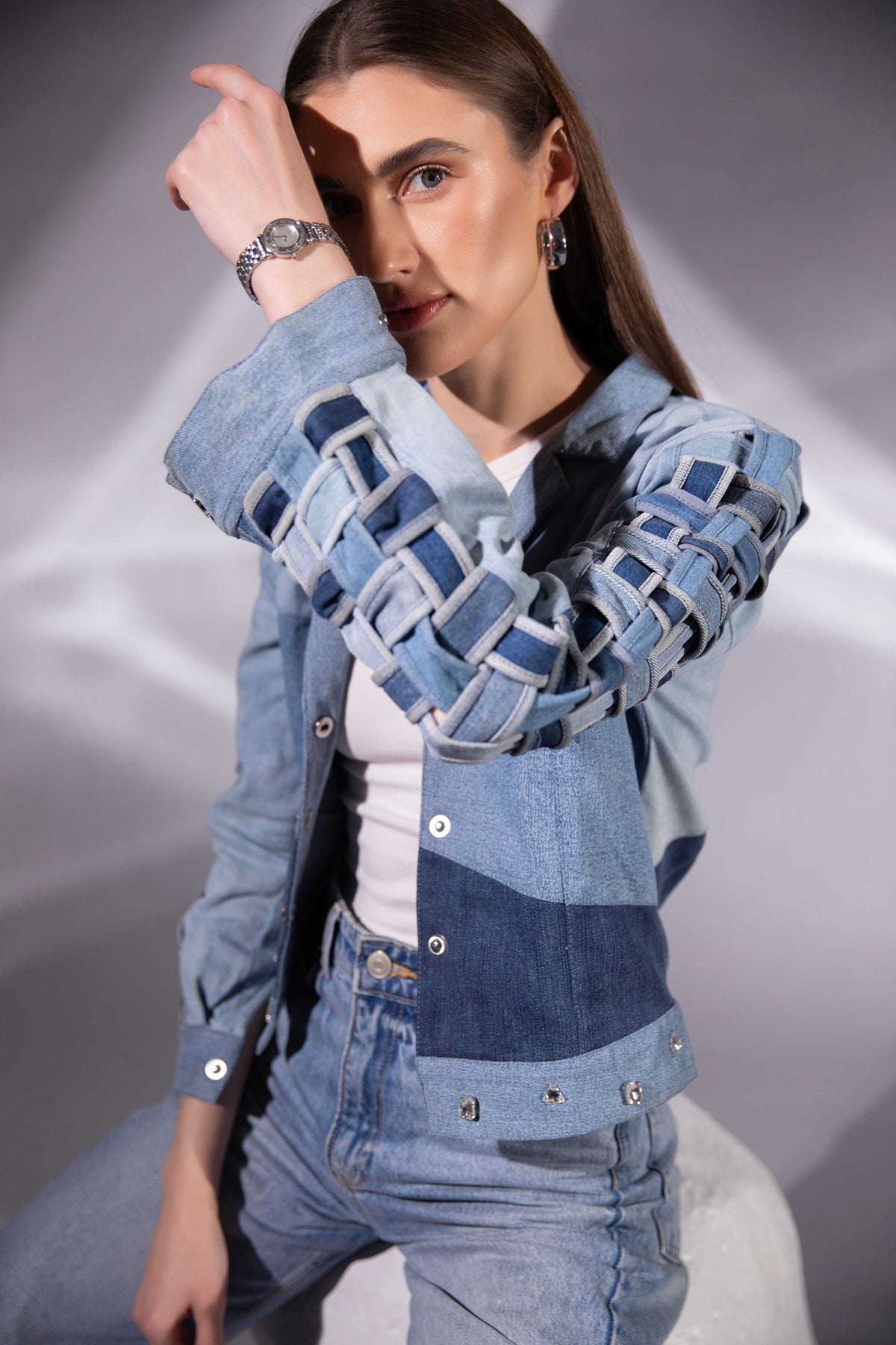 Close-up of Drift Weave Denim Jacket showing three-tone triangular denim panels