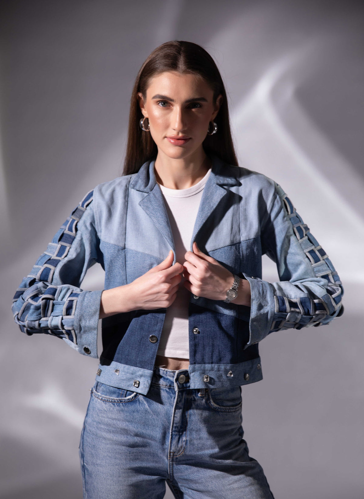 Drift Weave Denim Jacket in 100% repurposed denim with triangular panels