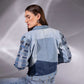 Drift Weave Denim Jacket showing woven denim sleeves in multiple blue tones