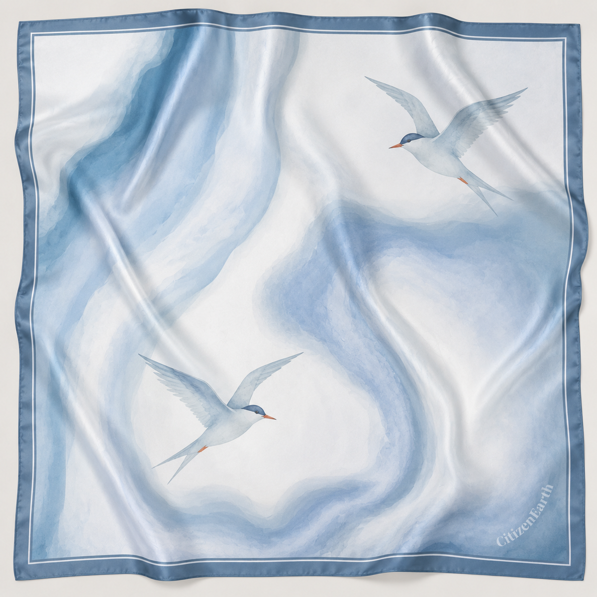 Close-up of Ferð’s Favourite Scarf showing Arctic Tern and glacier artwork