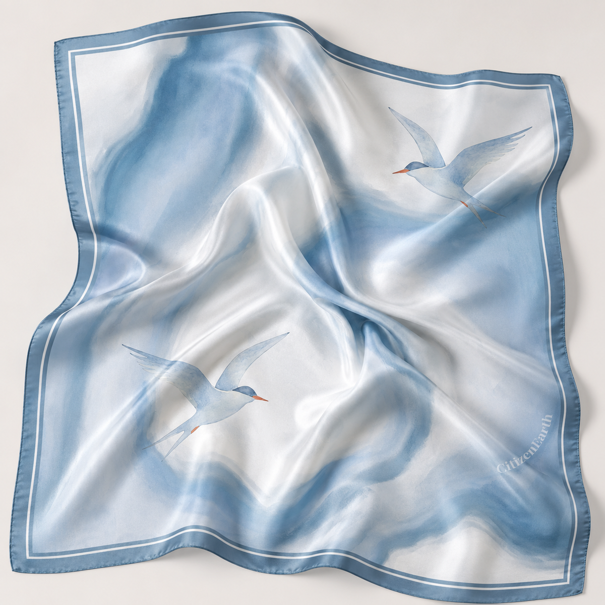 Ferð’s Favourite bamboo satin scarf with soft  blue artwork
