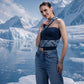 Flowform Denim Top styled in repurposed denim with sculptural spiral panels