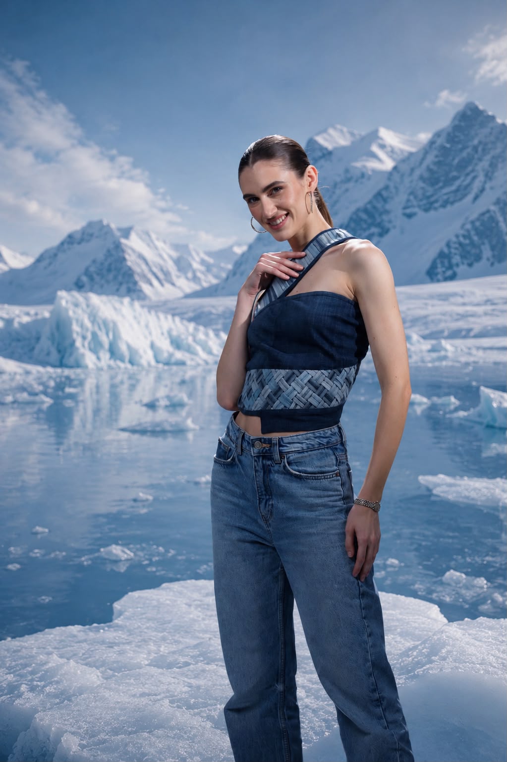 Flowform Denim Top styled in repurposed denim with sculptural spiral panels