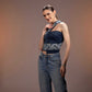 Flowform Denim Top showing repurposed denim panelling and weaving