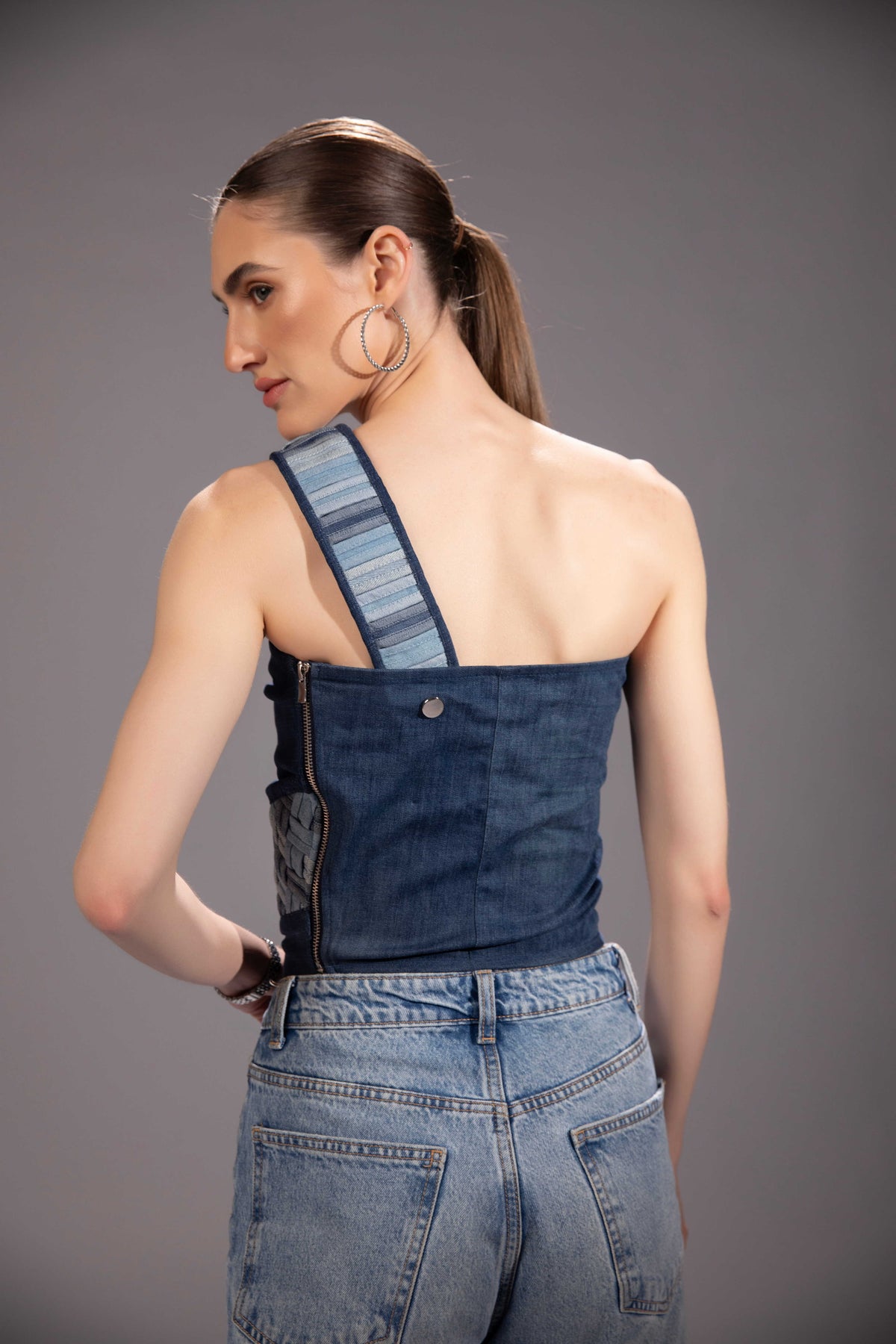 Back view of Flowform Denim Top in repurposed denim
