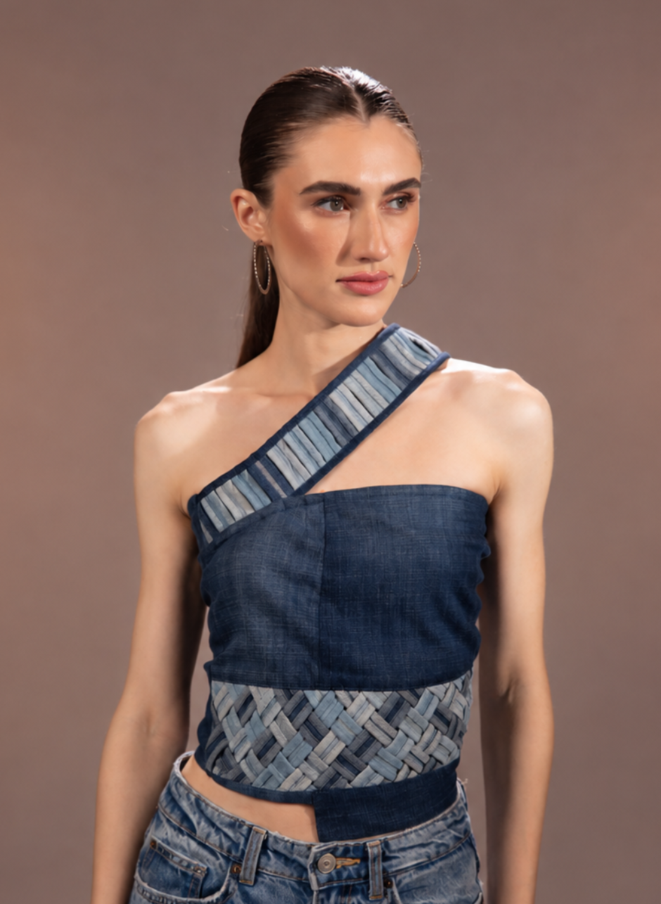 Flowform Denim Top in repurposed denim with an asymmetric silhouette