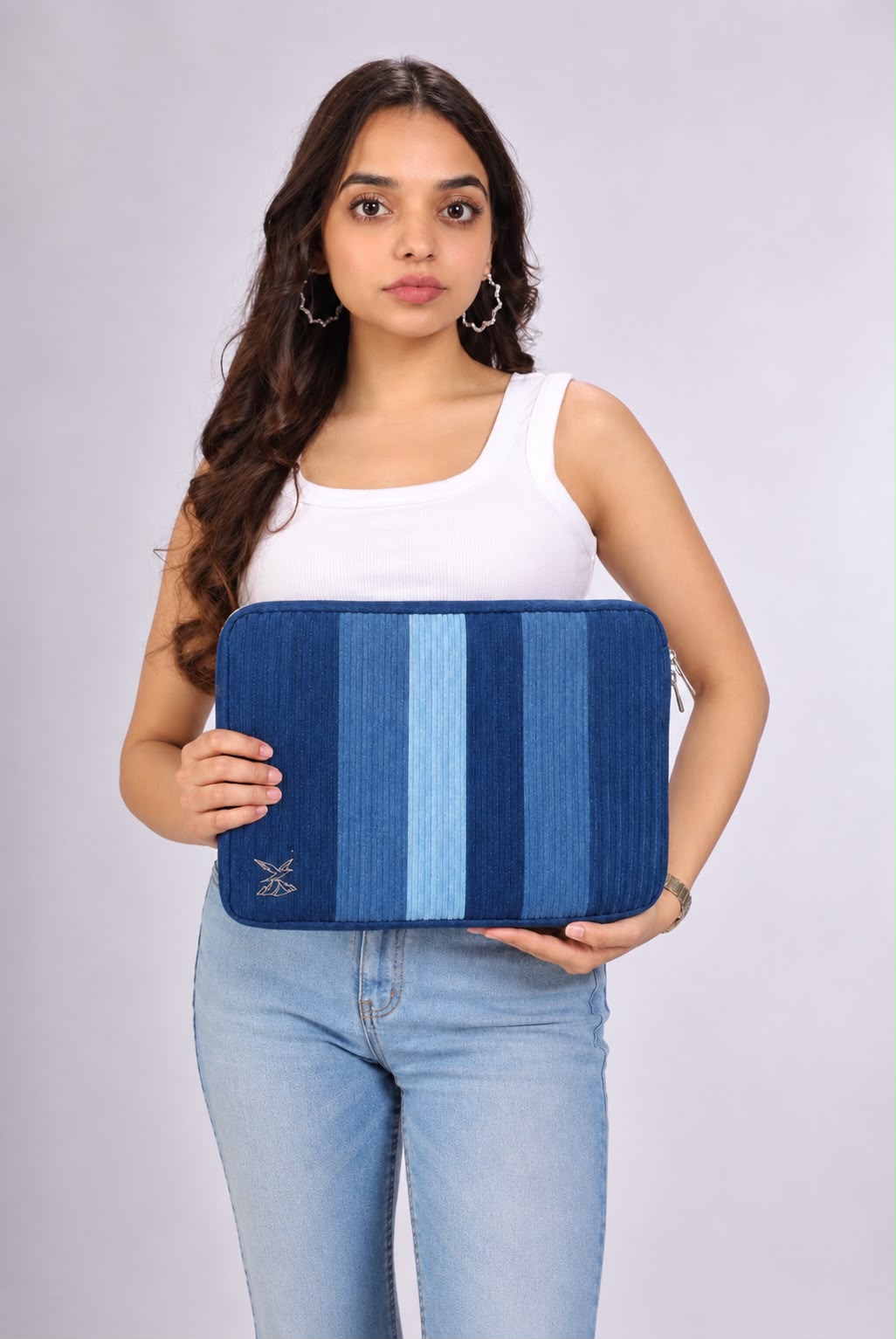 Fram Strait Laptop Sleeve showing parallel pintucks in deep indigo and glacial blue denim