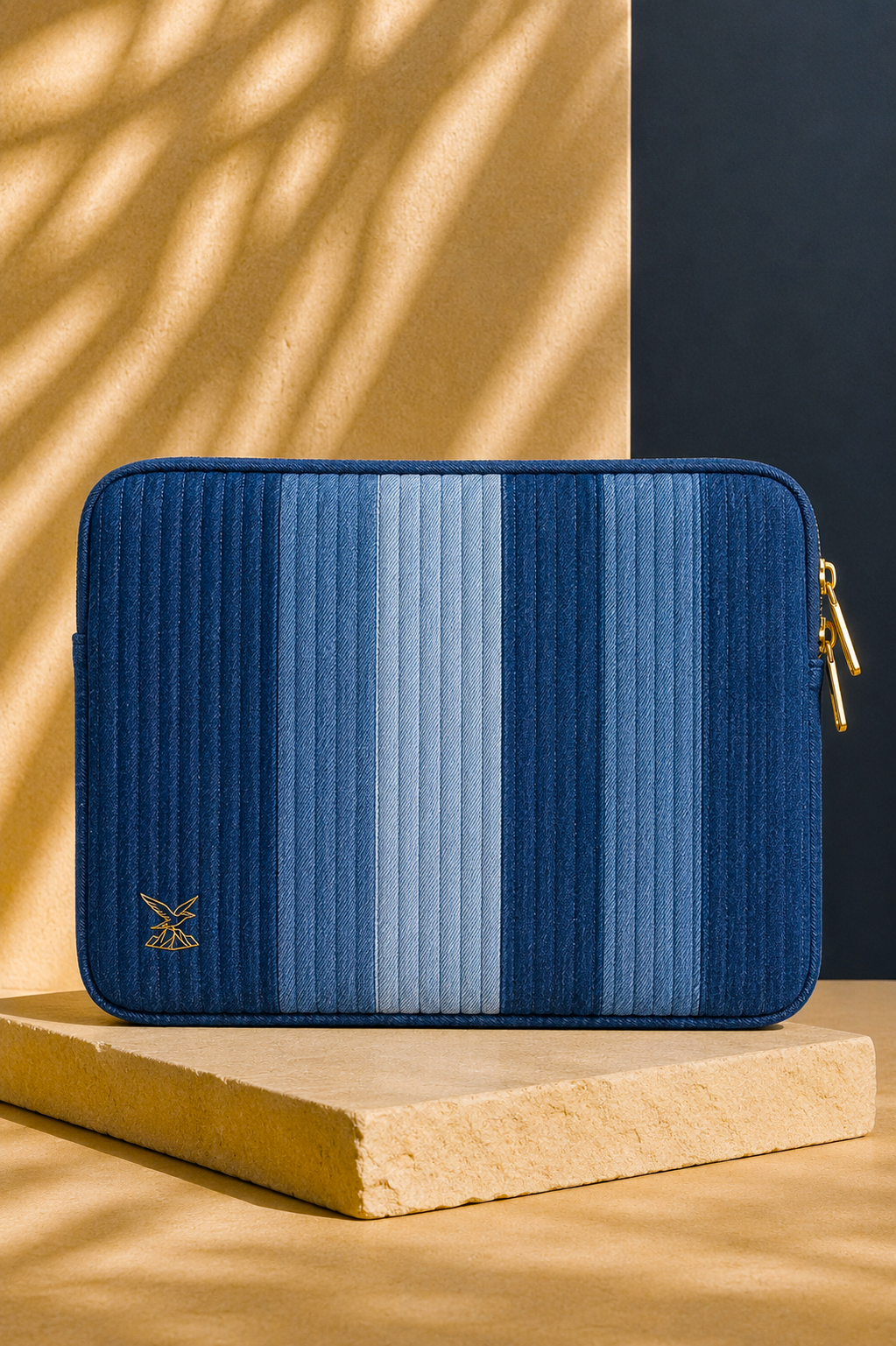 Close-up of Fram Strait Laptop Sleeve showing textured denim pintuck construction