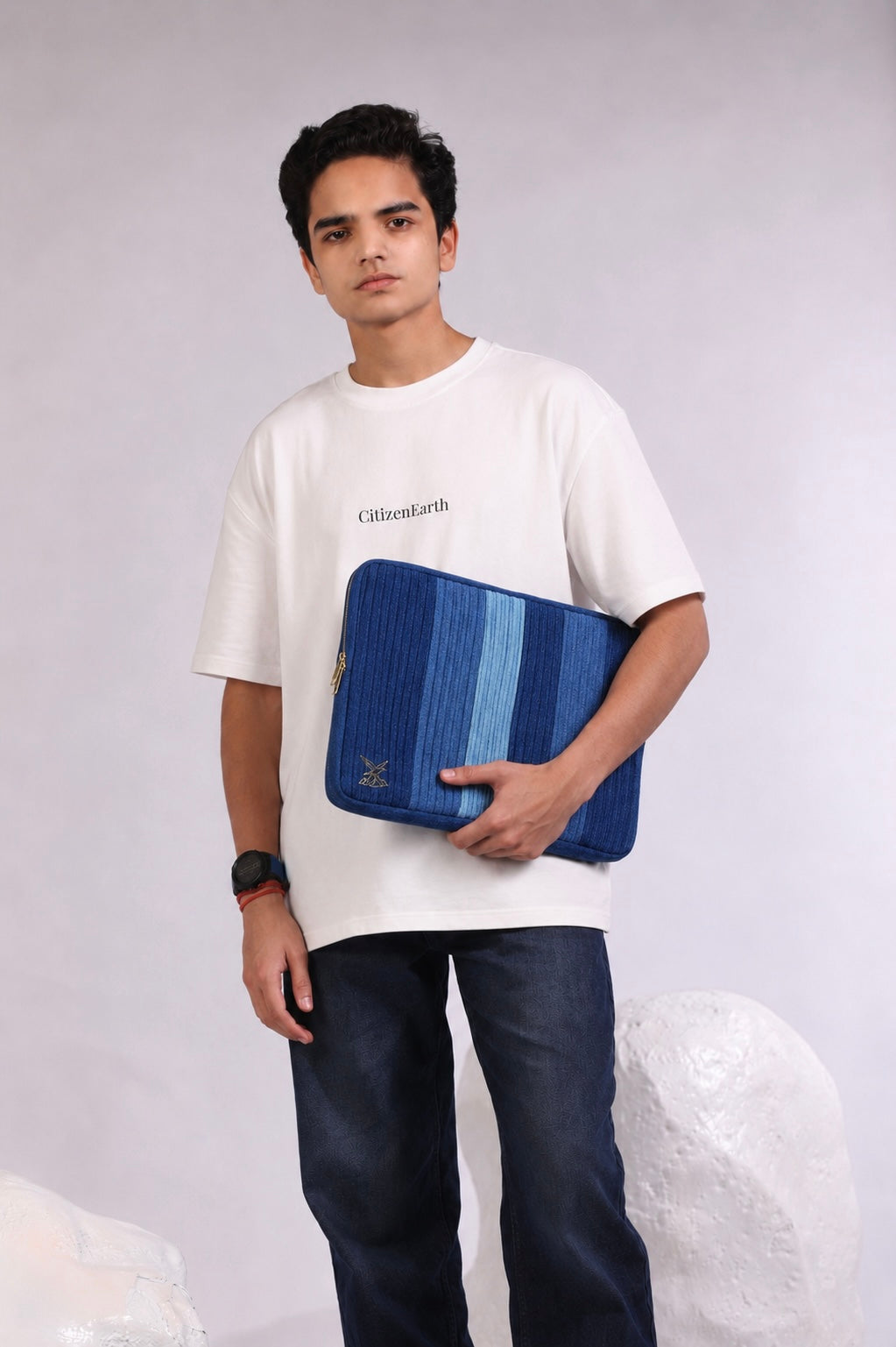 Fram Strait Laptop Sleeve in repurposed denim with layered blue pintuck detailing