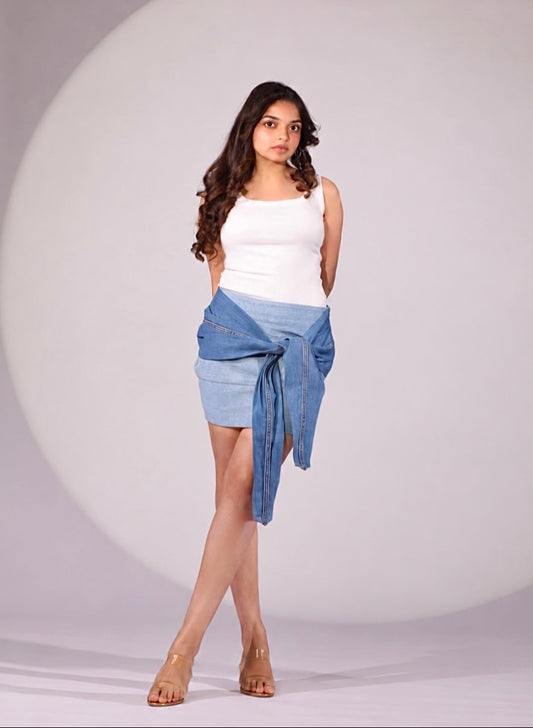 Frosted Bloom Mini Skirt showing ice-blue denim and contrasting tie-up detail