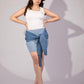 Frosted Bloom Mini Skirt in ice-blue repurposed denim with panel construction