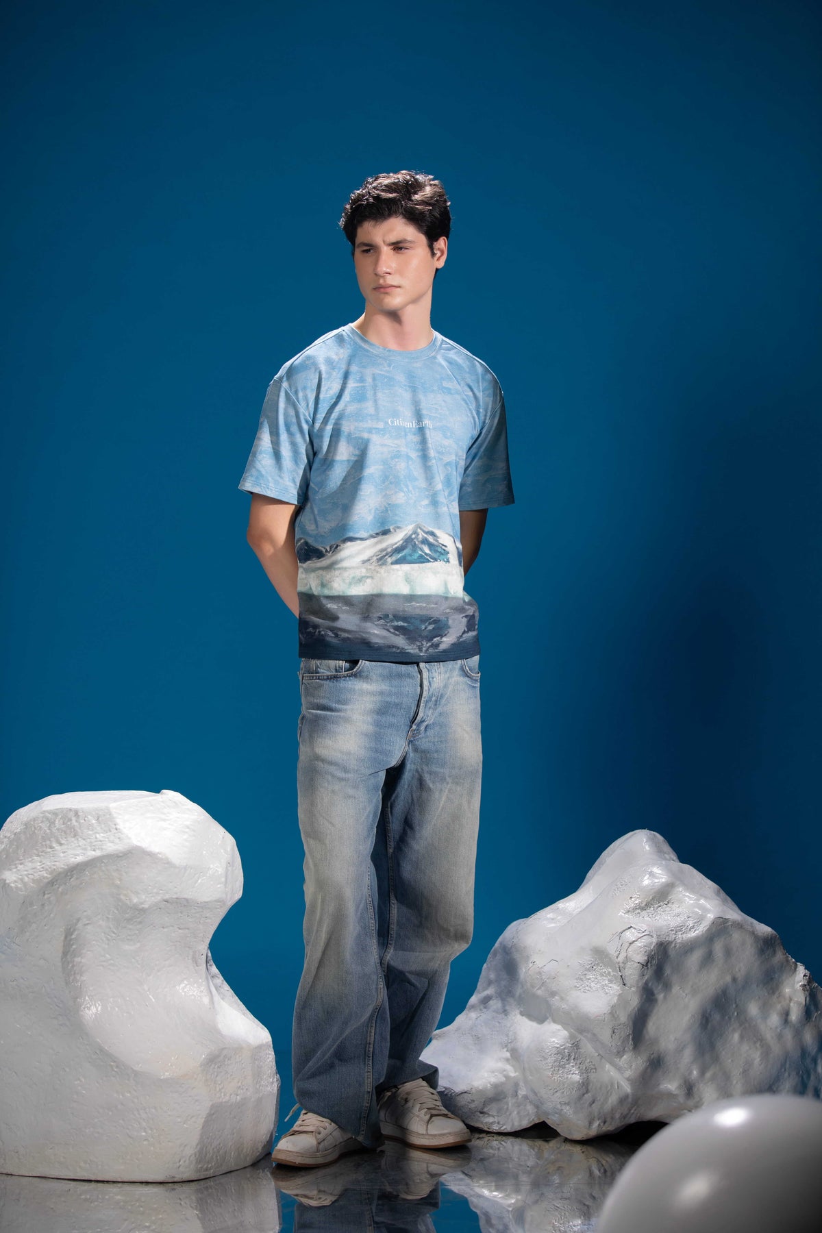 Frozen Landscape Tee with polar teal, frost white and deep marine blue artwork