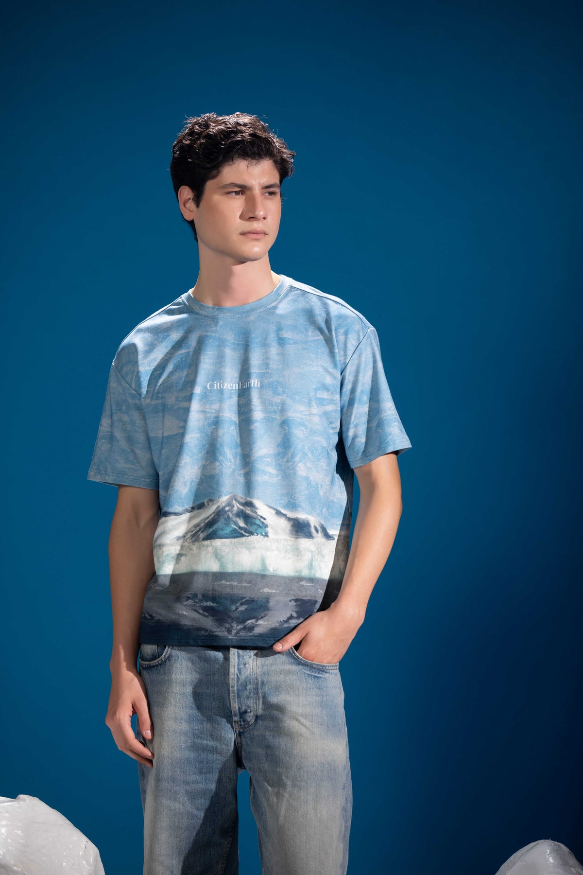 Frozen Landscape Tee featuring snow-covered mountains and frozen Arctic waters
