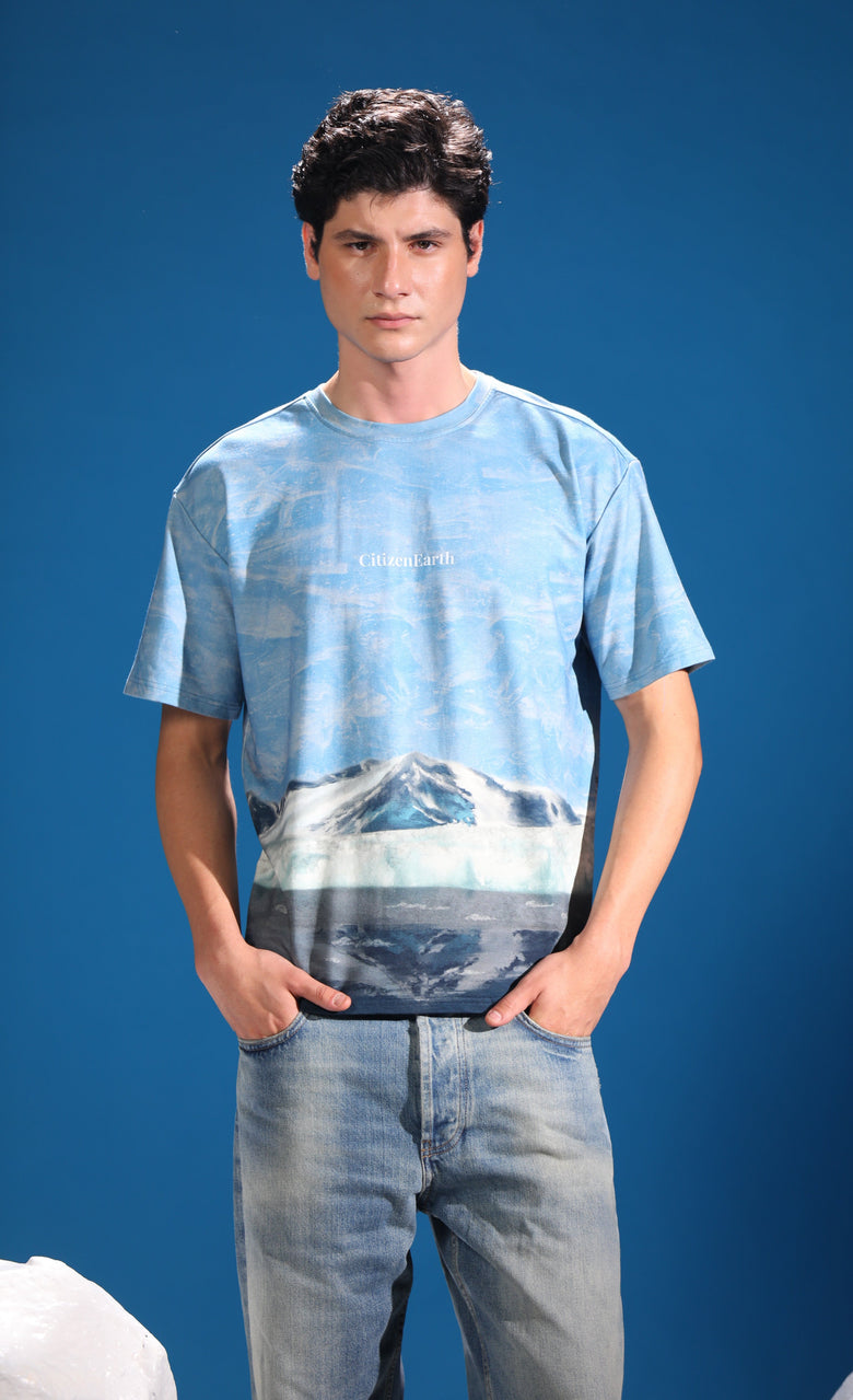 Frozen Landscape Tee with glacial landscape artwork in polar blue tones