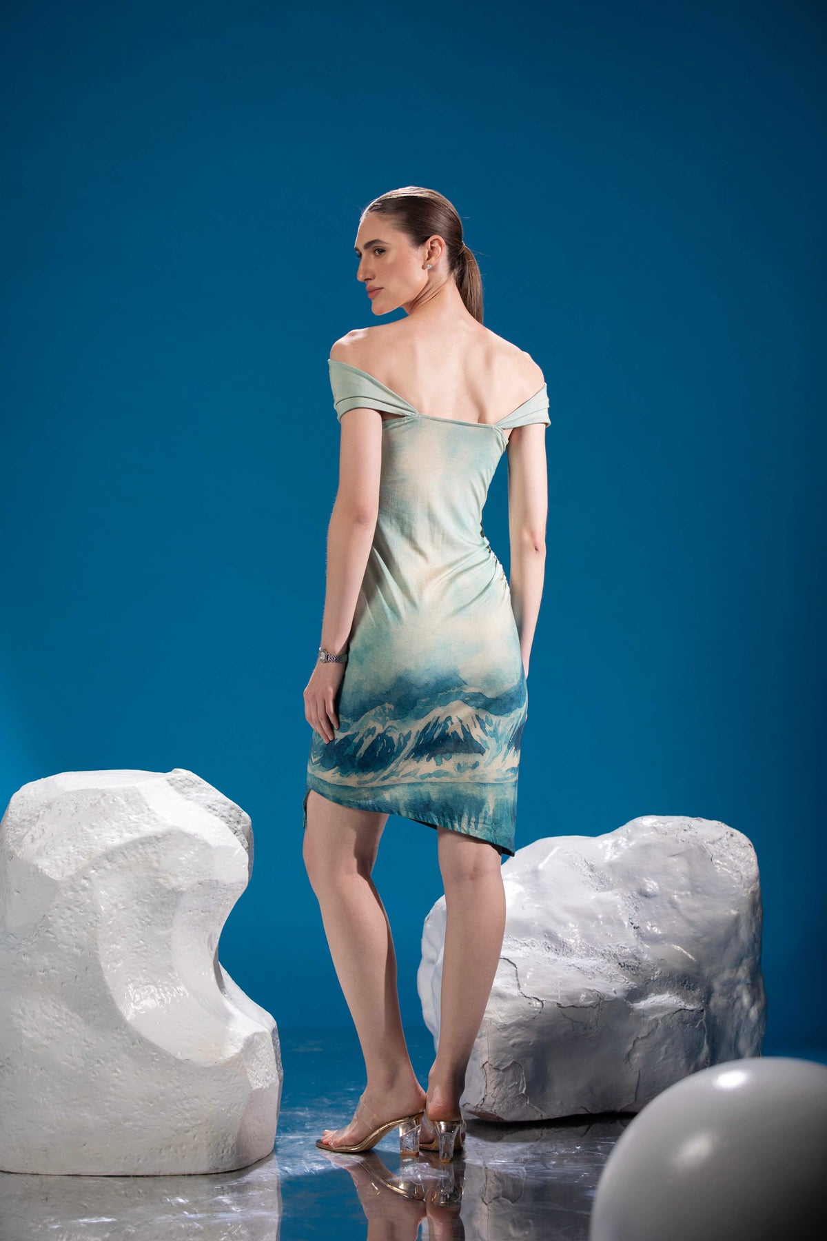 Back view of Frozen Reflections Dress showing its sculptural construction