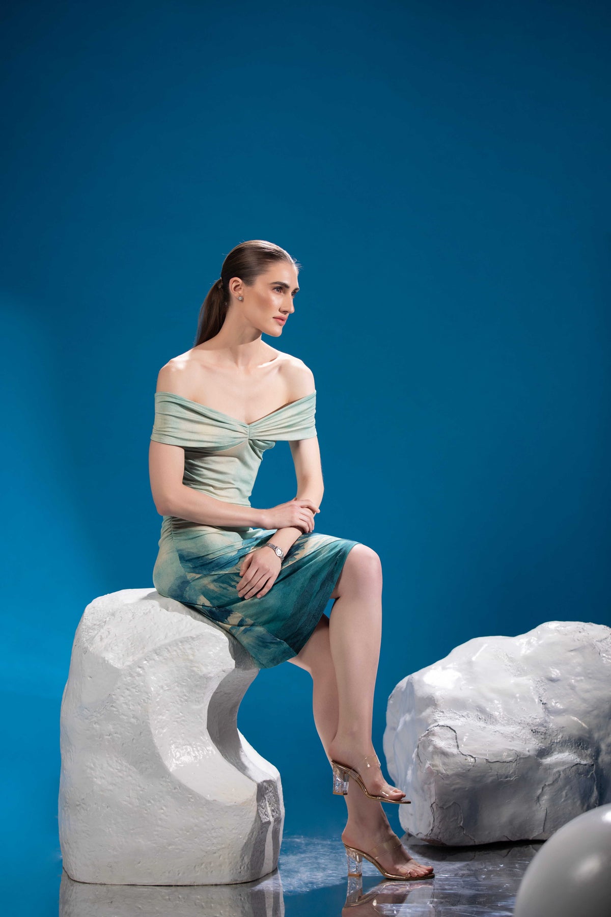 Frozen Reflections Dress showing its reflective polar artwork and surface detail