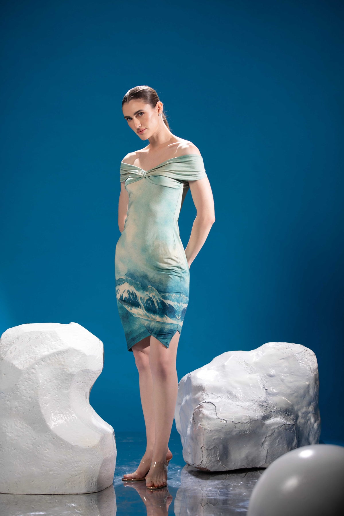 Frozen Reflections Dress styled as polar-inspired contemporary womenswear