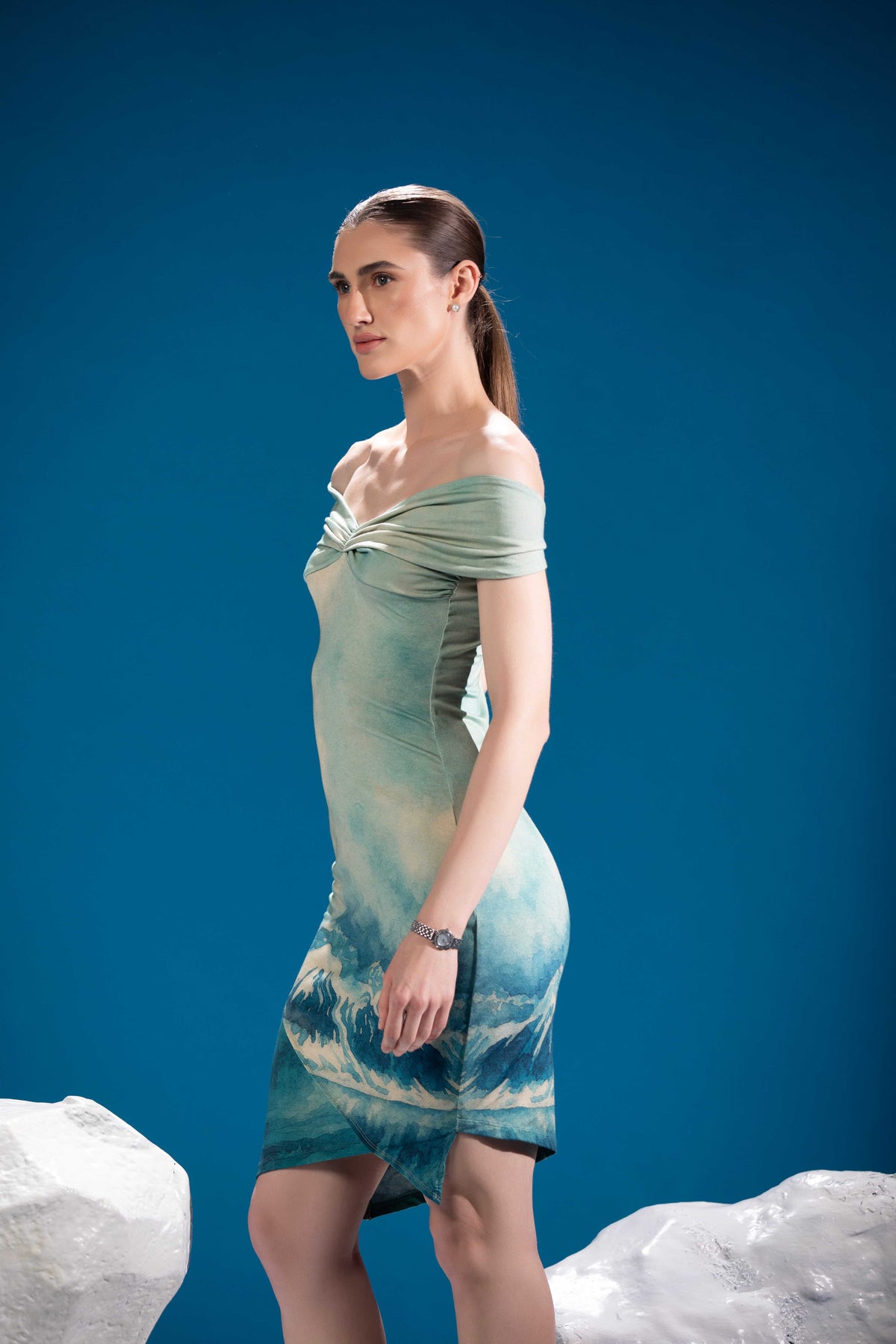 Side view of Frozen Reflections Dress showing its sculptural silhouette
