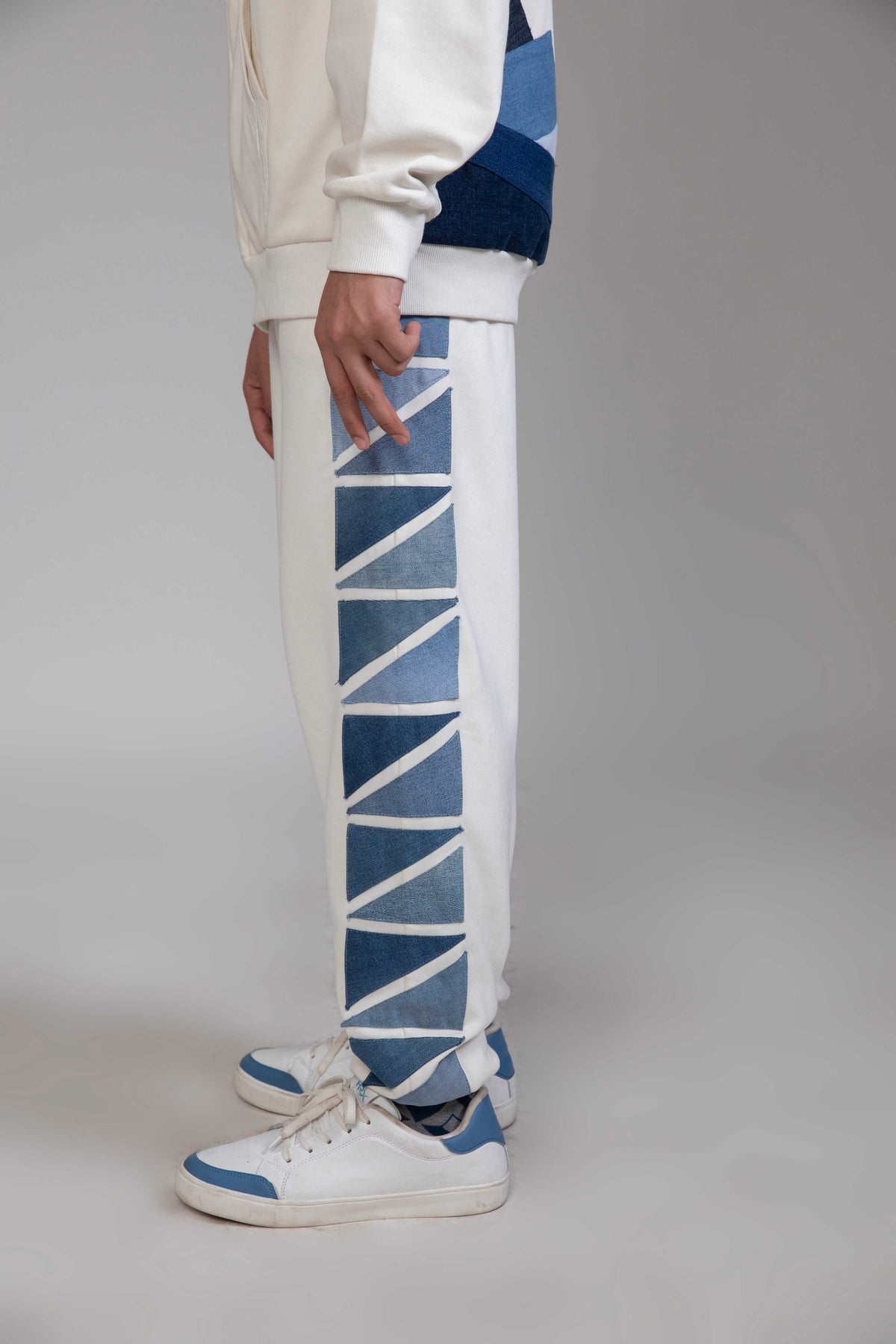 Glacial Geometry Jogger with denim drawstring and geometric side detailing