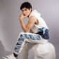 Glacial Geometry Jogger featuring angular blue denim panels inspired by fractured ice