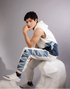 Glacial Geometry Jogger featuring angular blue denim panels inspired by fractured ice