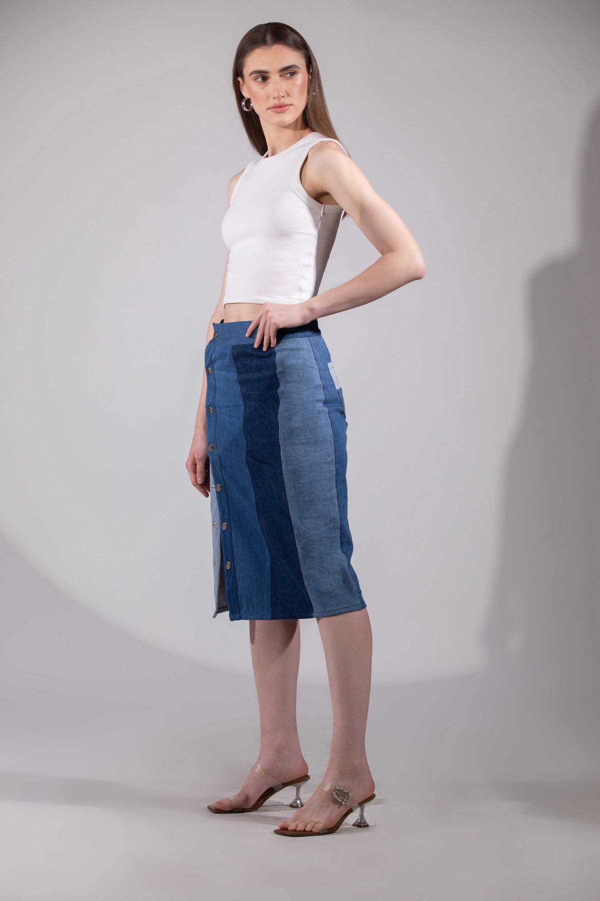 Glacial Symmetry Skirt showing symmetrical repurposed denim panels