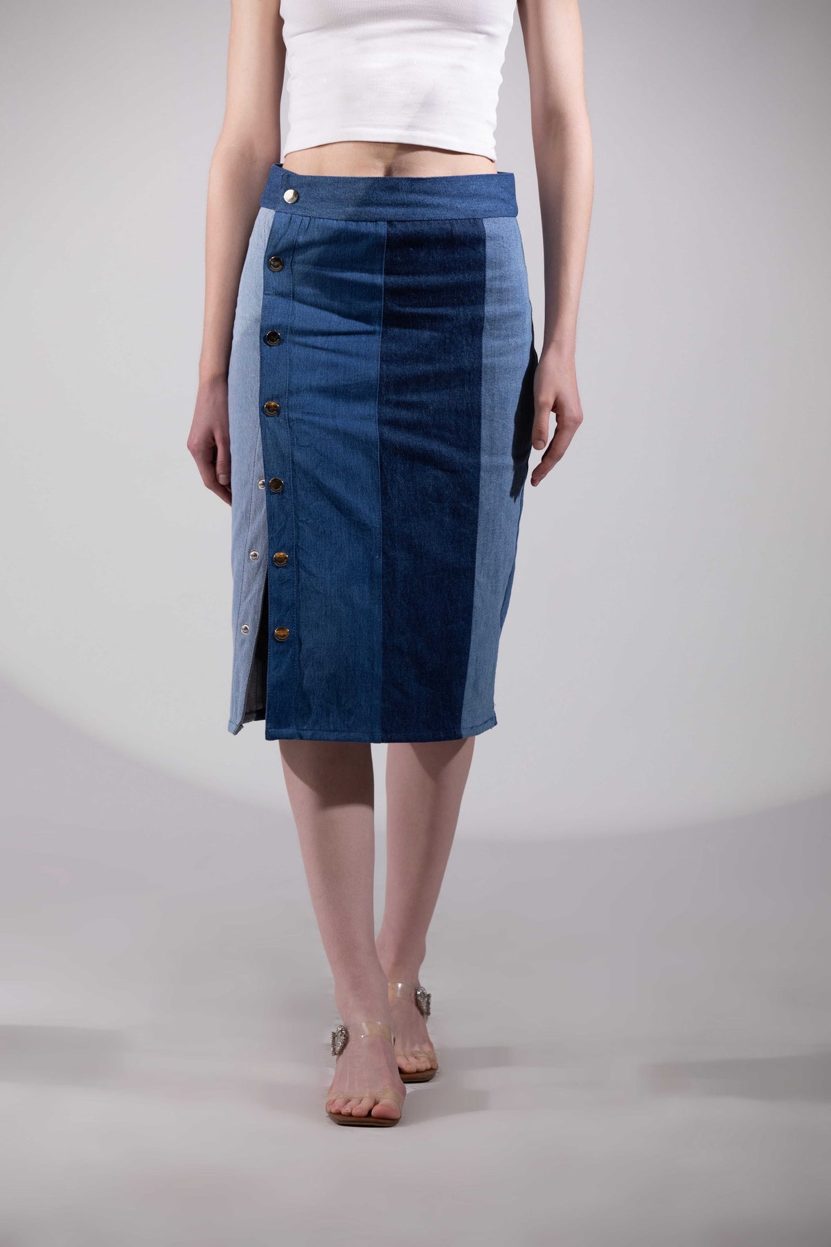 Glacial Symmetry Skirt showing detailed repurposed denim texture