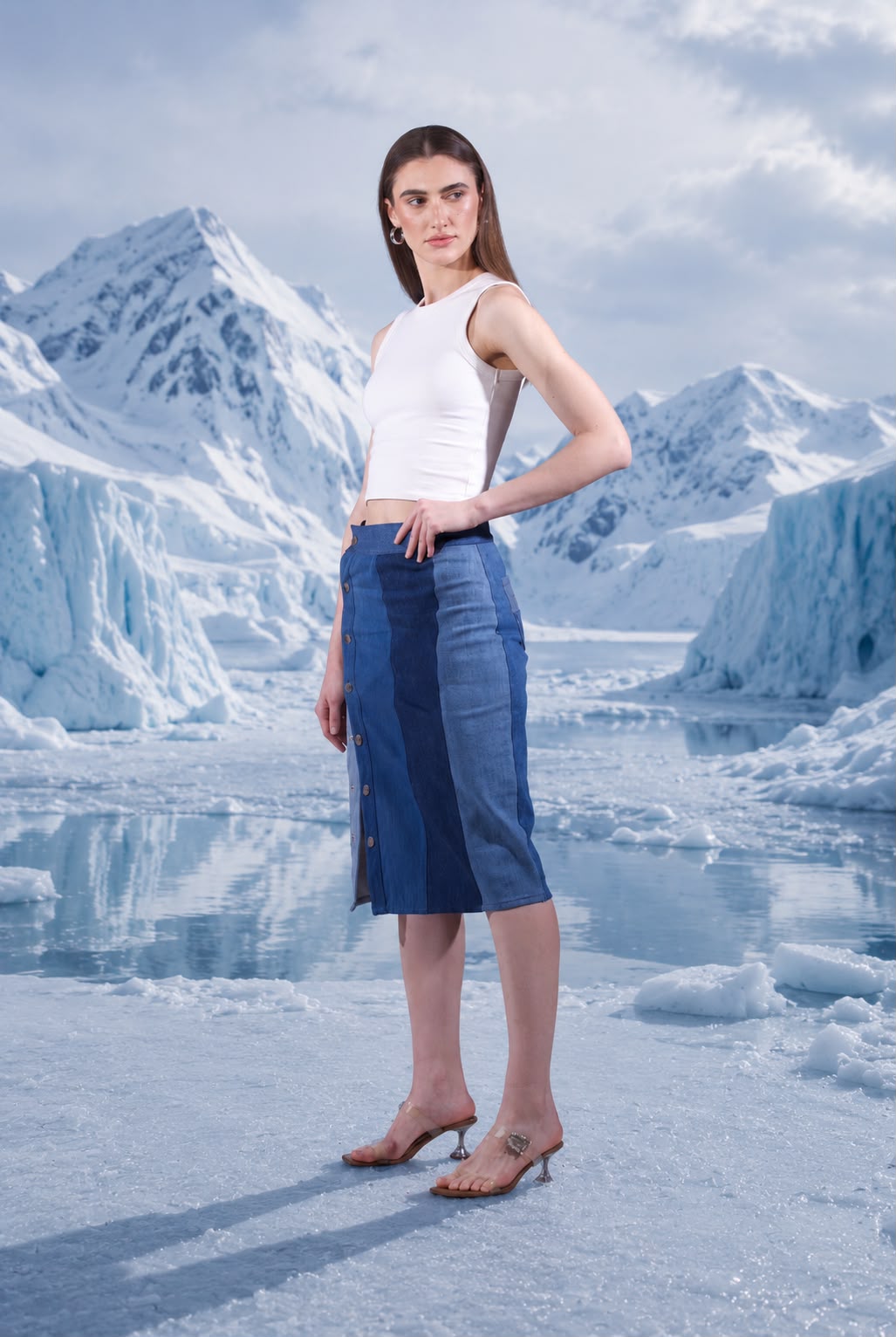Glacial Symmetry Skirt with symmetrical repurposed denim construction
