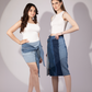 Glacial Symmetry Skirt styled in glacial-inspired repurposed denim