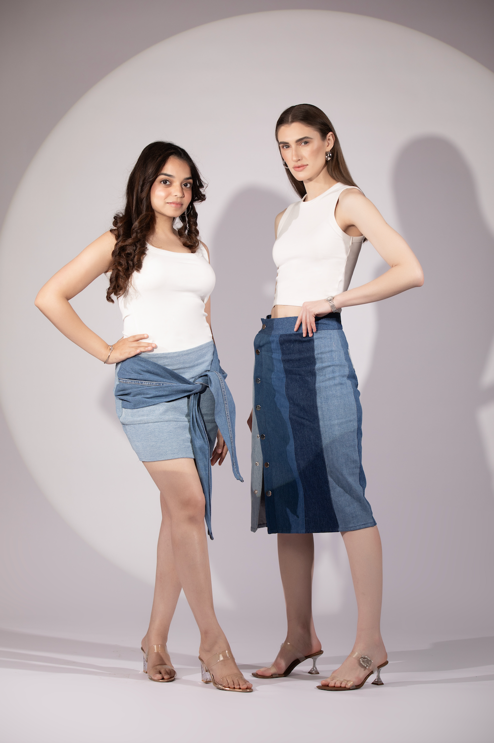 Glacial Symmetry Skirt styled in glacial-inspired repurposed denim