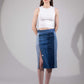 Close-up of Glacial Symmetry Skirt showing its geometric denim panel construction
