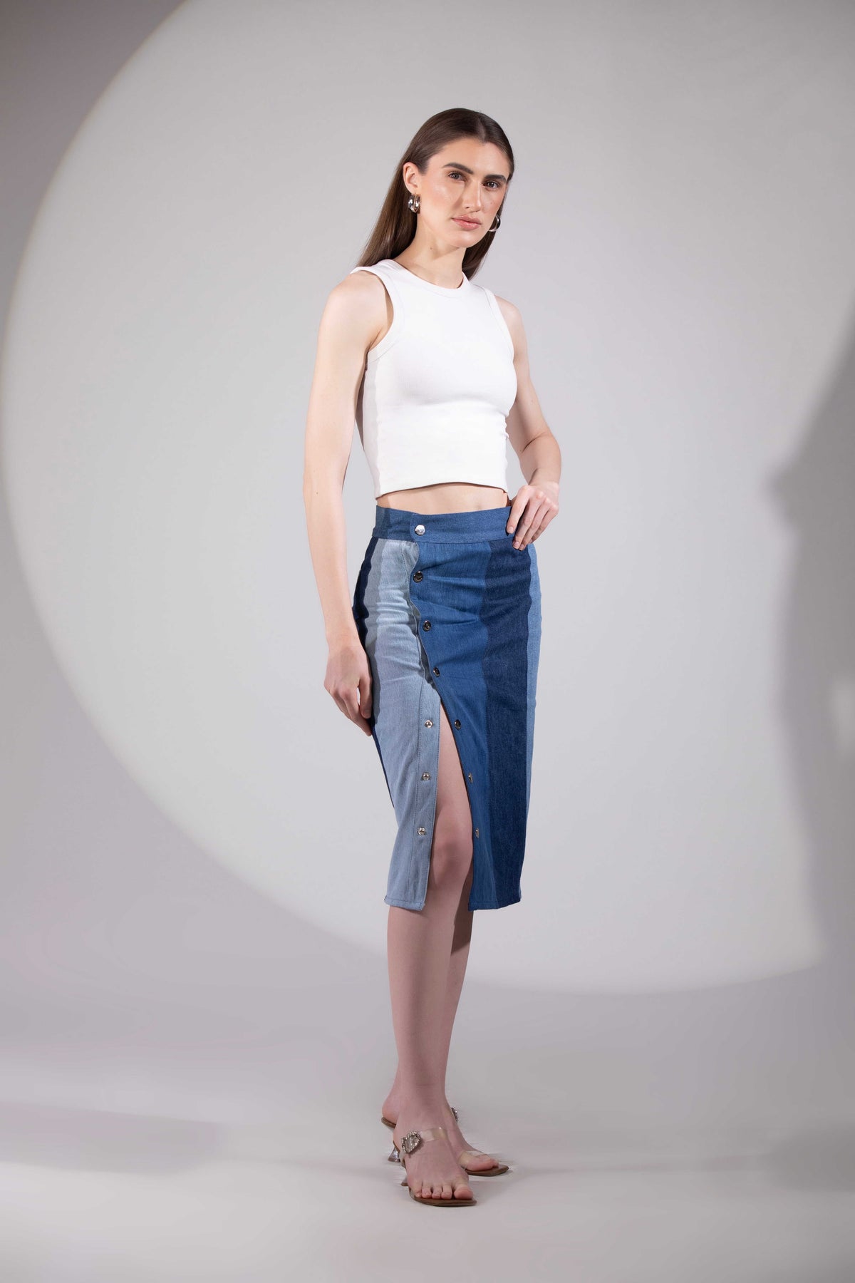 Glacial Symmetry Skirt in repurposed denim with glacial-inspired symmetry