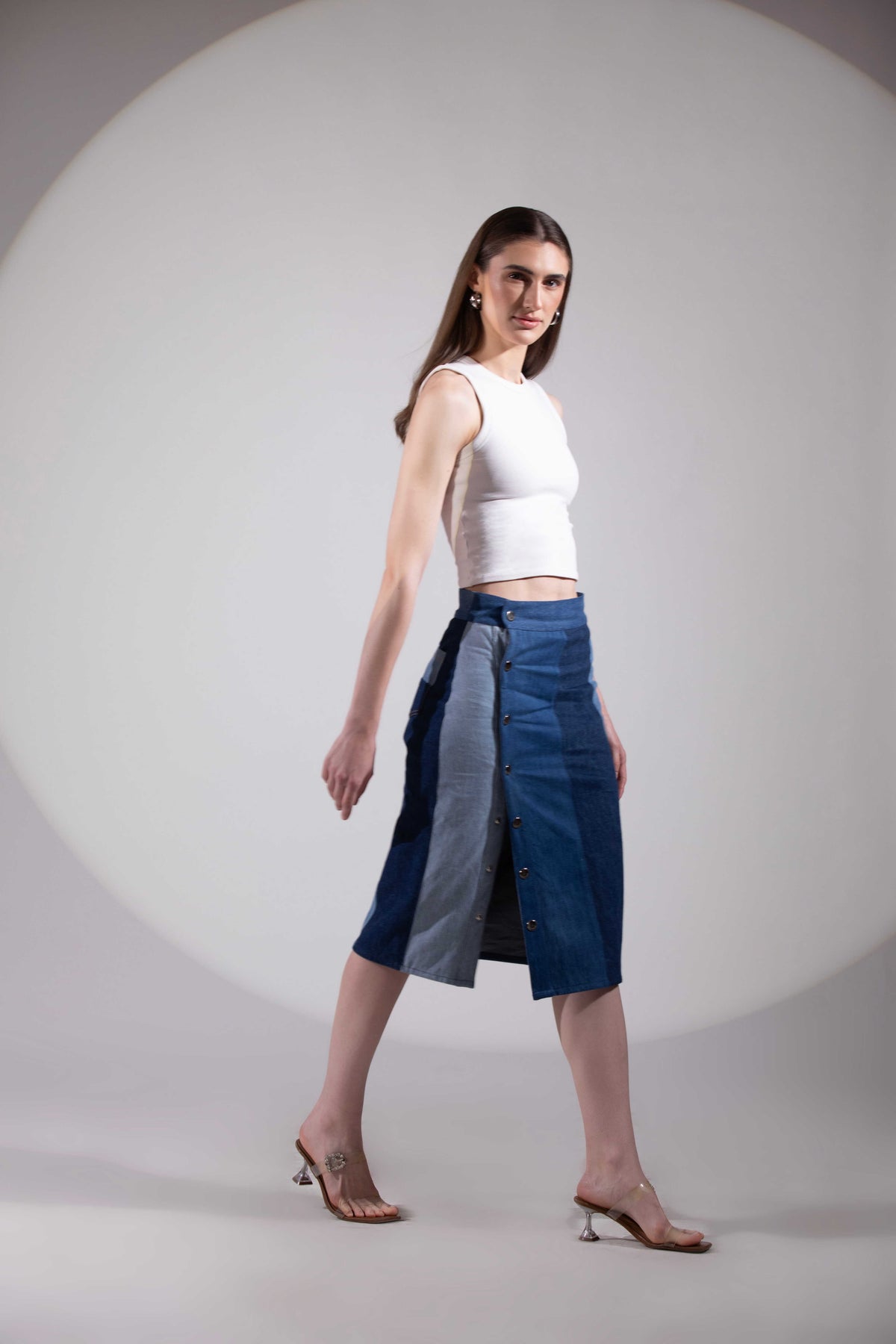 Side view of Glacial Symmetry Skirt showing its sculptural silhouette