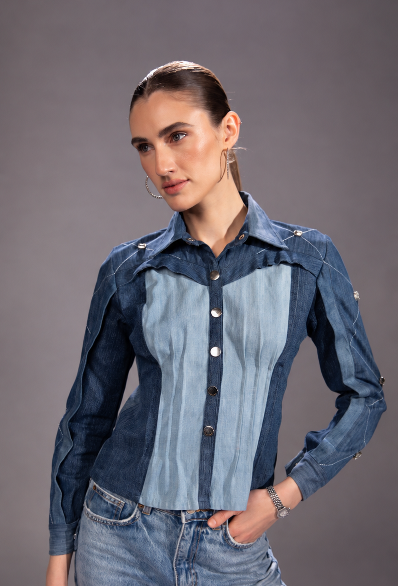Glacier Cut Denim Top showing layered repurposed denim texture