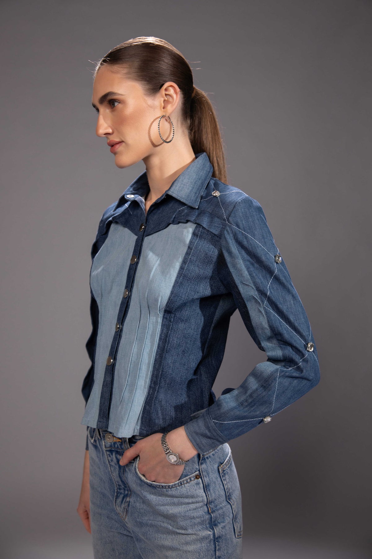 Glacier Cut Denim Top with glacier-inspired repurposed denim construction